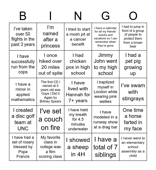 Fun fact bingo Card