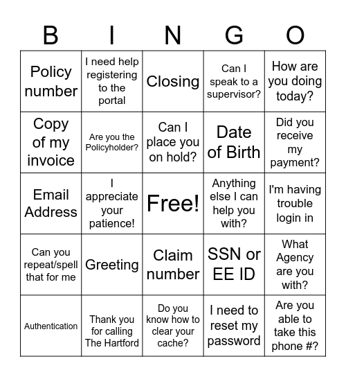 CSC Call Listening Bingo! Bingo Card