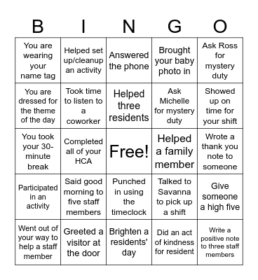 Nursing Home Week Bingo Card