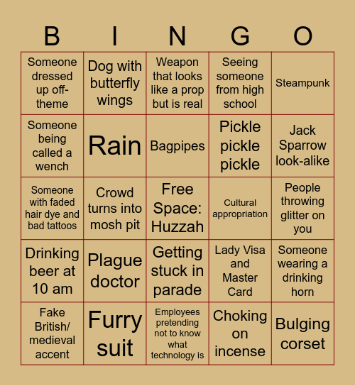 Renaissance Festival Bingo Card