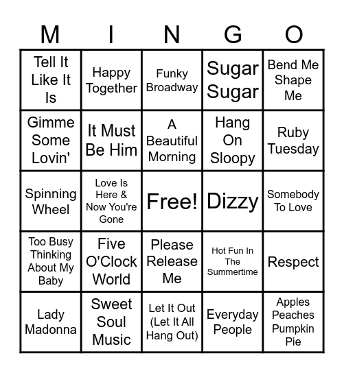 Late 60's Groovy Hits 1 Bingo Card