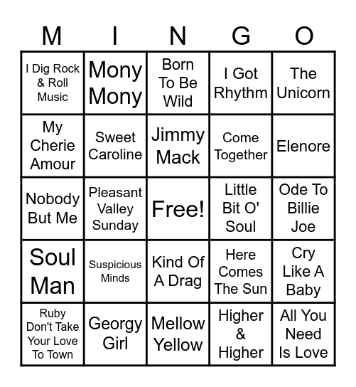 Late 60's Groovy Hits 2 Bingo Card