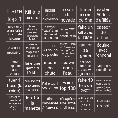 Bingo vidéo fortnite Bingo Card