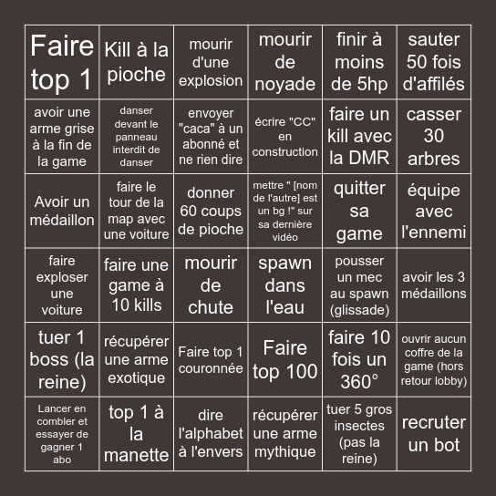 Bingo vidéo fortnite Bingo Card