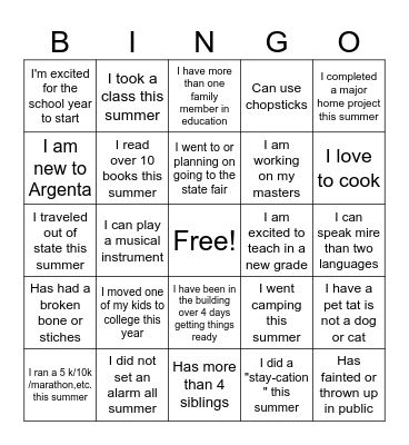 Back to School Bingo Argenta Bombers Bingo Card