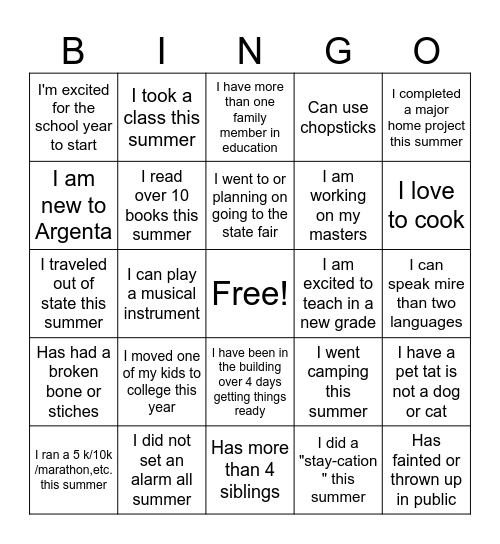 Back to School Bingo Argenta Bombers Bingo Card