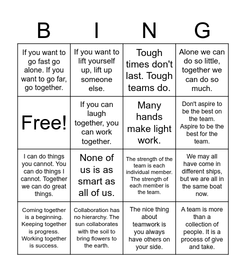 Teamwork Bingo Card