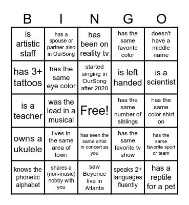 OurSong Atlanta Getting To Know You Bingo Card