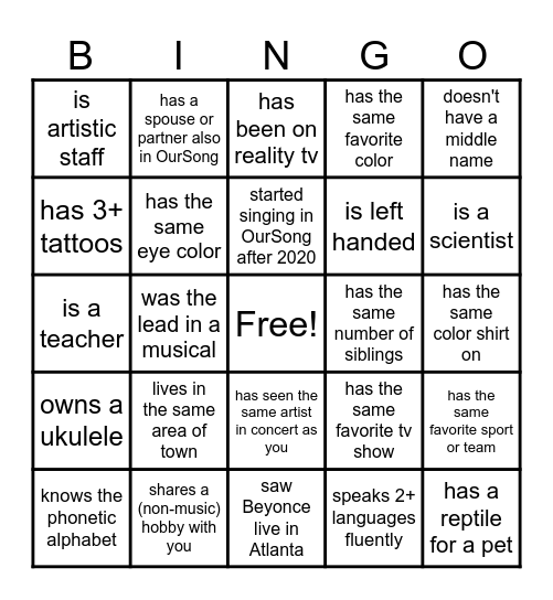 OurSong Atlanta Getting To Know You Bingo Card