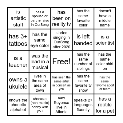 OurSong Atlanta Getting To Know You Bingo Card