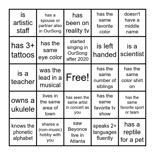OurSong Atlanta Getting To Know You Bingo Card
