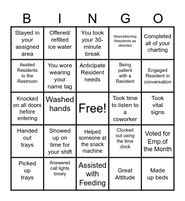 Nursing Home Week Bingo Card