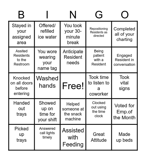 Nursing Home Week Bingo Card