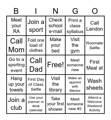 College Bingo Card