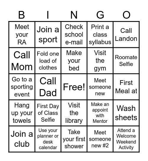 College Bingo Card