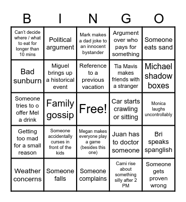 Family Vacation Bingo Card