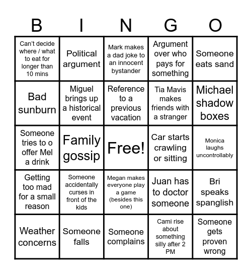 Family Vacation Bingo Card