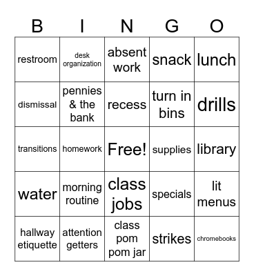 4th Grade Rules & Procedures Bingo Card