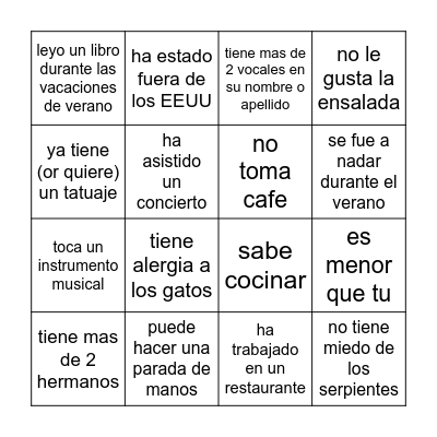 HUMAN SCAVENGER HUNT Spanish version Bingo Card