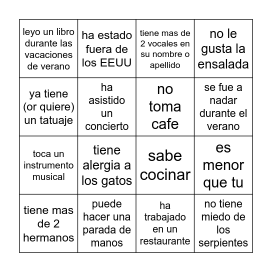HUMAN SCAVENGER HUNT Spanish version Bingo Card
