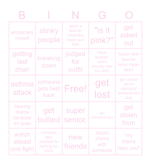 School Bingo Card