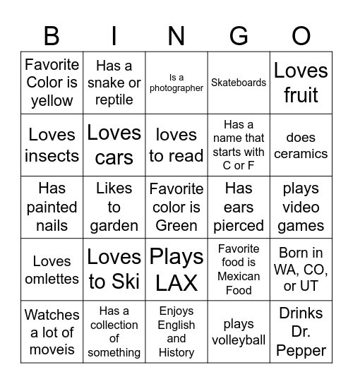 Class IX Orientation BINGO Card