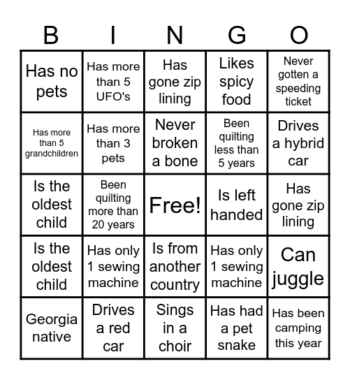 Gwinnett Quilters Guild 2025 Bingo Card