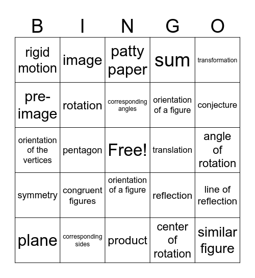 Rigid Motion Transformation Bingo Card