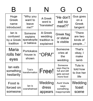 My Big Fat Greek Wedding Bingo! Bingo Card