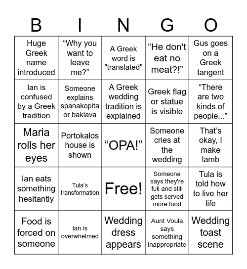 My Big Fat Greek Wedding Bingo! Bingo Card