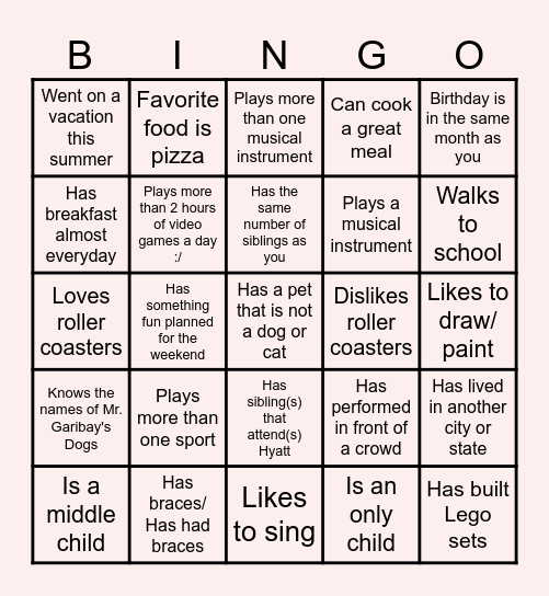 MS ELD Classmate Bingo Card