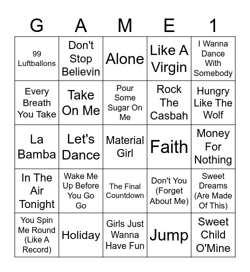80s Theme Round Bingo Card
