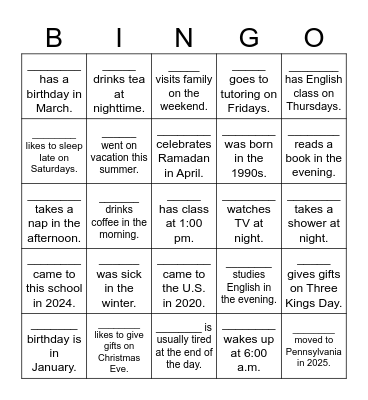 Preposition Bingo: in, at, or on Bingo Card