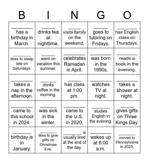Preposition Bingo: in, at, or on Bingo Card