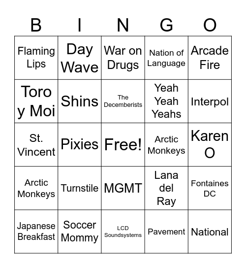 Sirius XMU Bingo Card