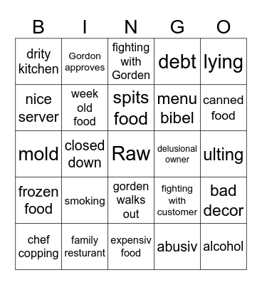 Kitchen Nightmare Bingo Card
