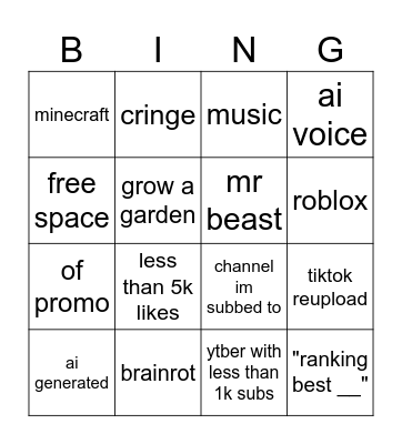 yt shorts bingo Card