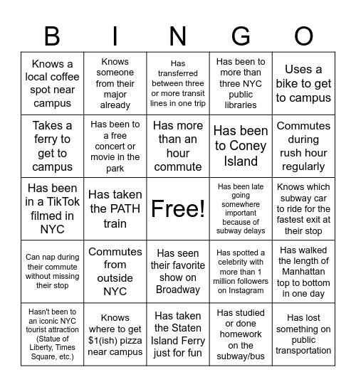 Commuter Crew Human Bingo Card