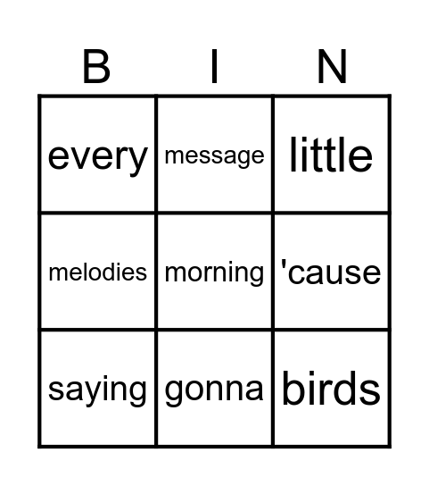 Three little birds Bingo Card