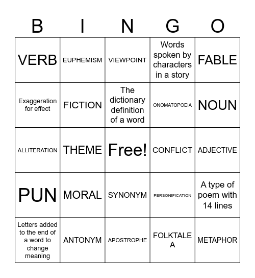 General ELA Terms Bingo Card