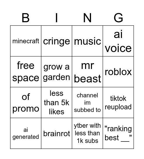 yt shorts bingo Card