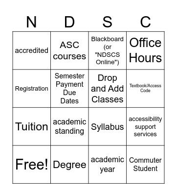 NDSCS Campus Services, Resources, and Terms Bingo Card
