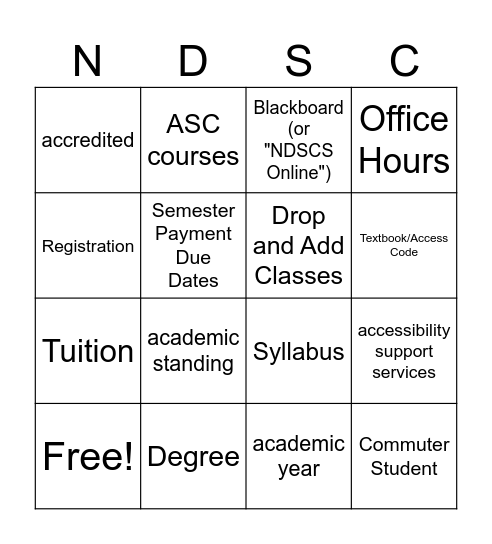 NDSCS Campus Services, Resources, and Terms Bingo Card