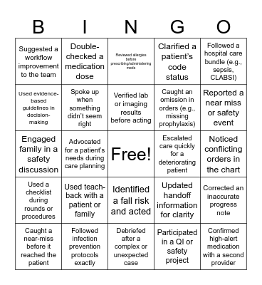 Safety & Quality Bingo Card