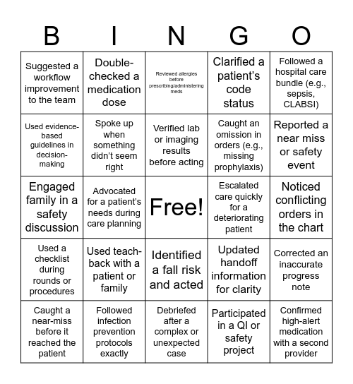 Safety & Quality Bingo Card