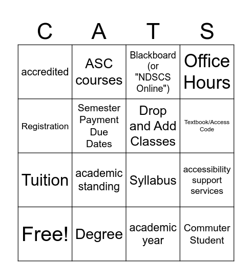 NDSCS Campus Services, Resources, and Terms Bingo Card