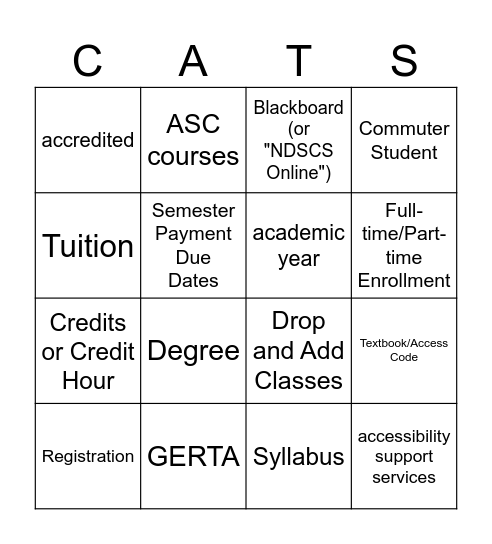NDSCS Campus Services, Resources, and Terms Bingo Card