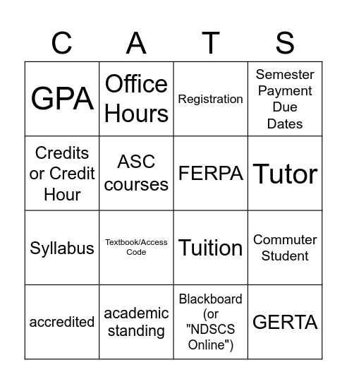 NDSCS Campus Services, Resources, and Terms Bingo Card