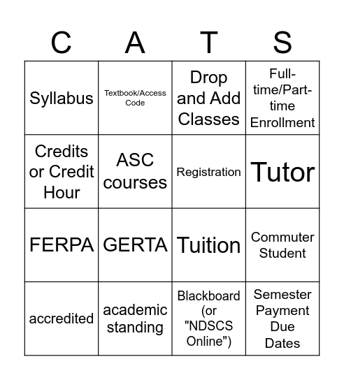 NDSCS Campus Services, Resources, and Terms Bingo Card
