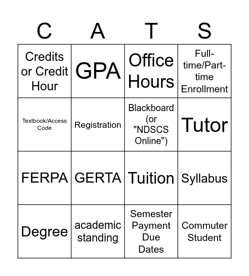 NDSCS Campus Services, Resources, and Terms Bingo Card